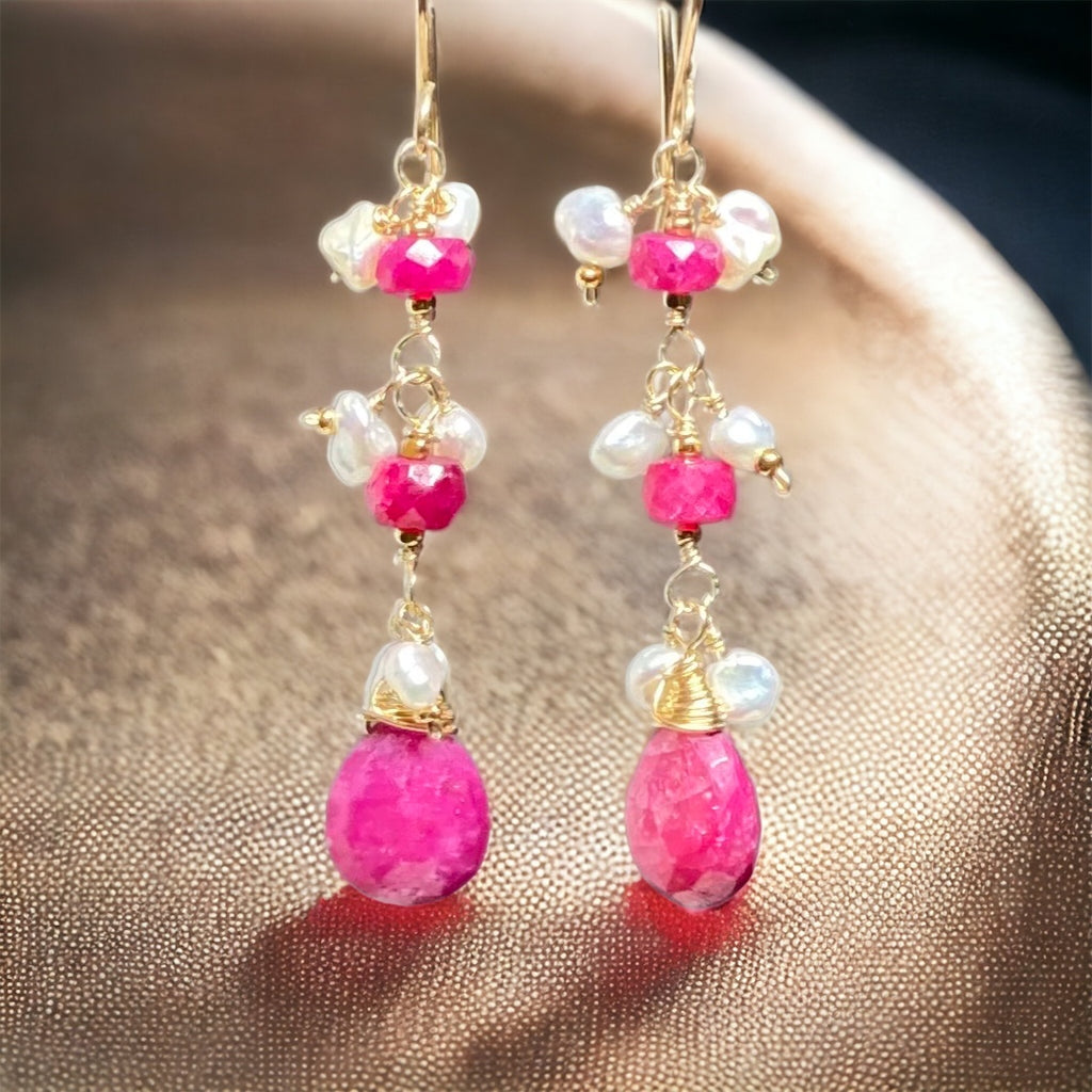 ruby wire wrapped dangle earrings with pearls on gold fill