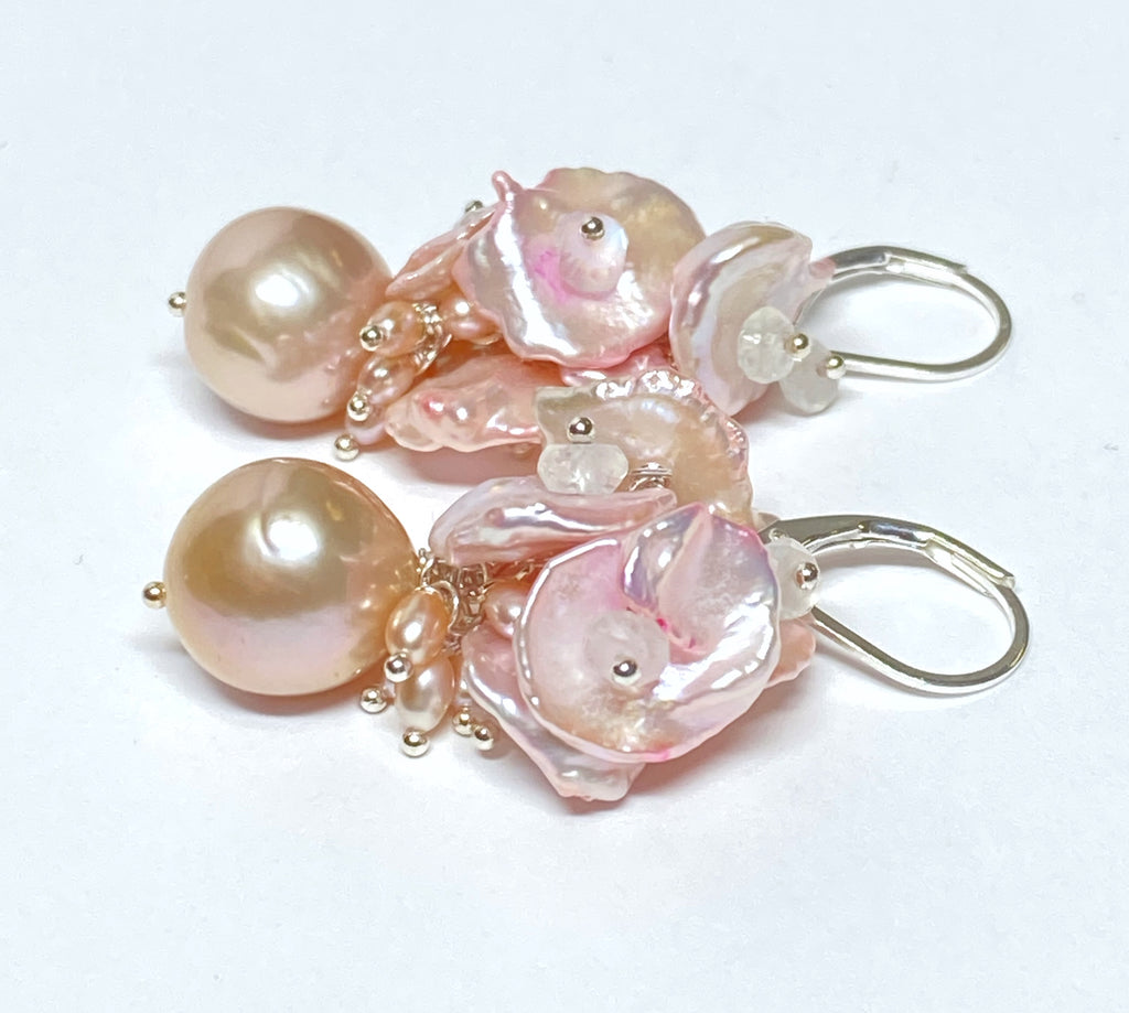 pink pearl cluster earrings in sterling silver