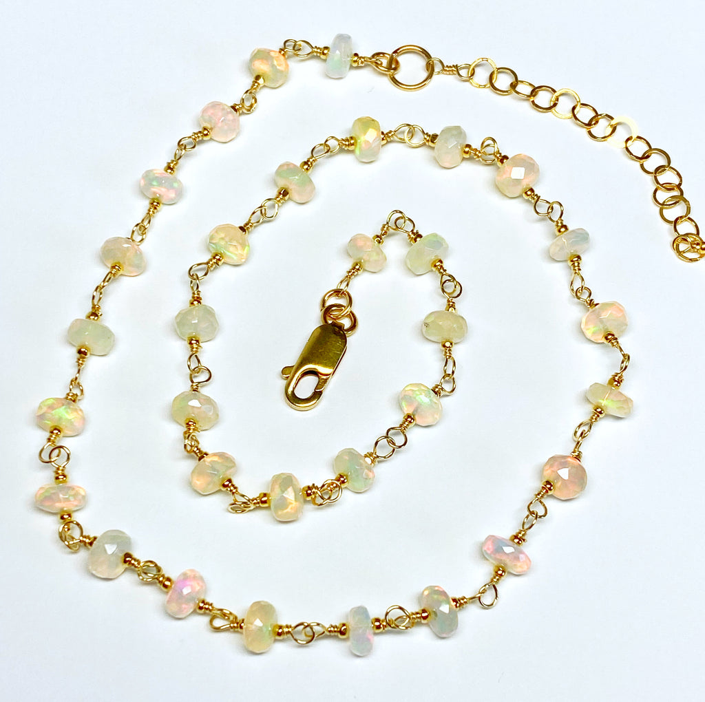 Ethiopian Opal AAAA Wire Wrap Rosary Chain Choker Necklace Gold Fill