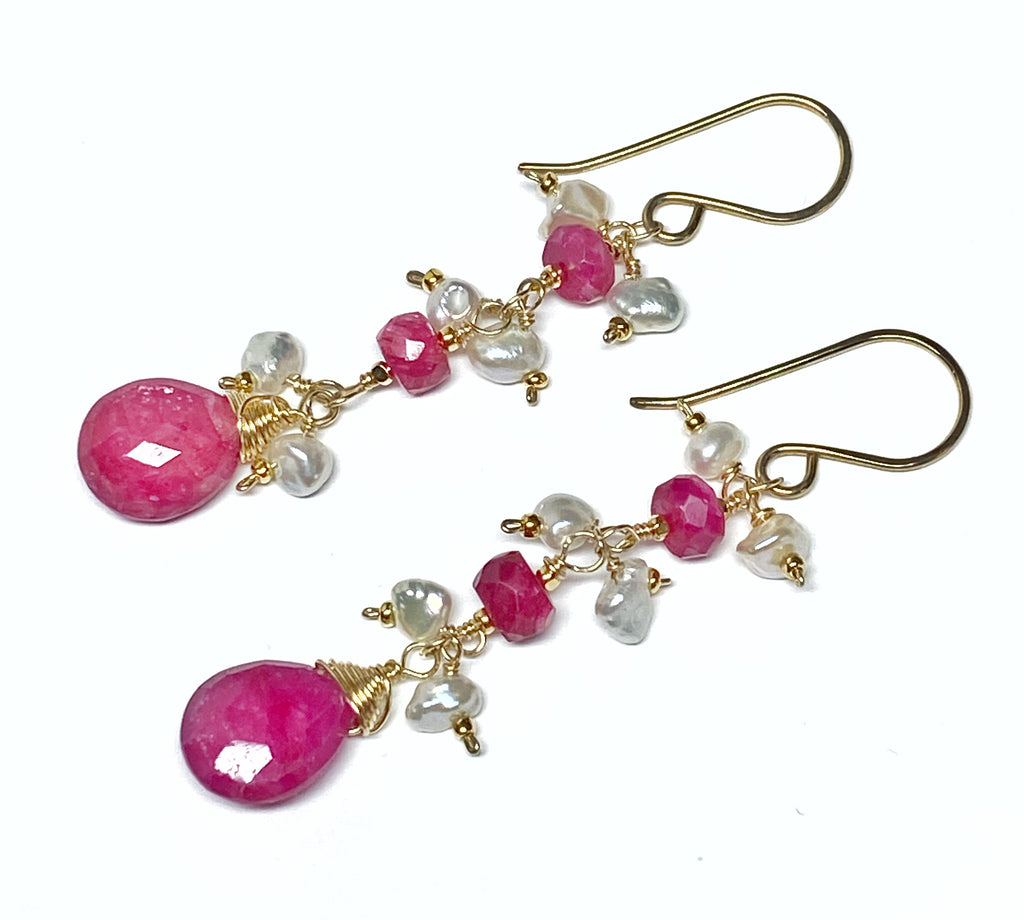 Ruby Dangle Earrings with Pearls Gold Fill