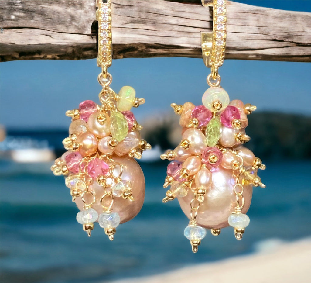 Pink Round Pearl and Gem Cluster Wedding Earrings with Tsavorite