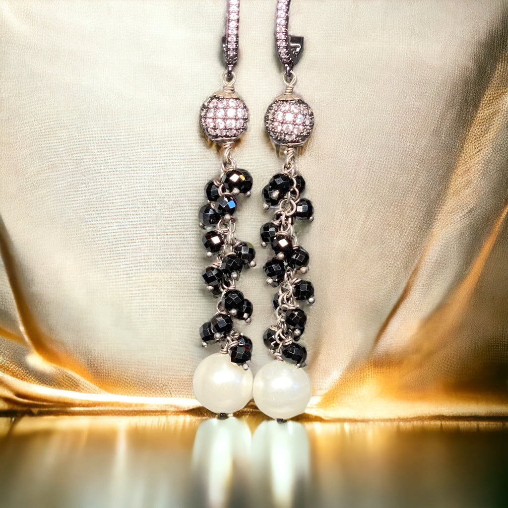 Black Spinel and White Pearl Long Dangle Earrings Oxidized Sterling Silver
