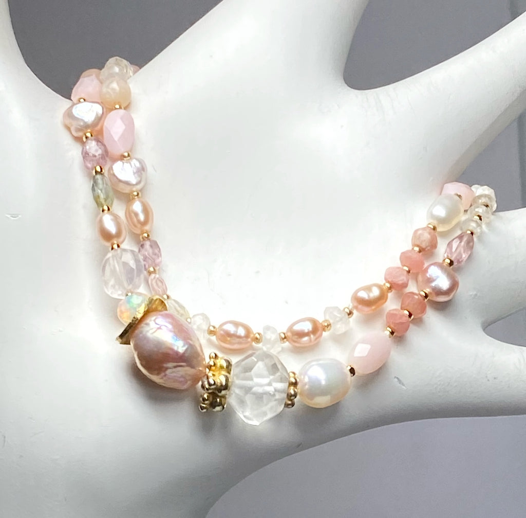 Pink Gemstone and Pearl Knotted Bracelet for Women