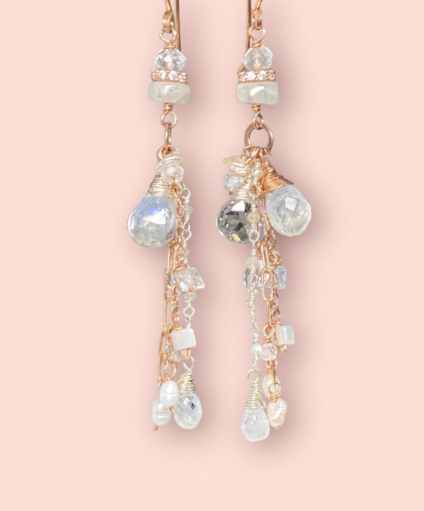 Rose Gold Long Boho White Topaz, Pearl & Moonstone Dangle Summer Earrings