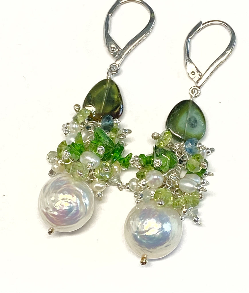 Baroque Edison Pearl and Green Gemstone Cluster Earrings