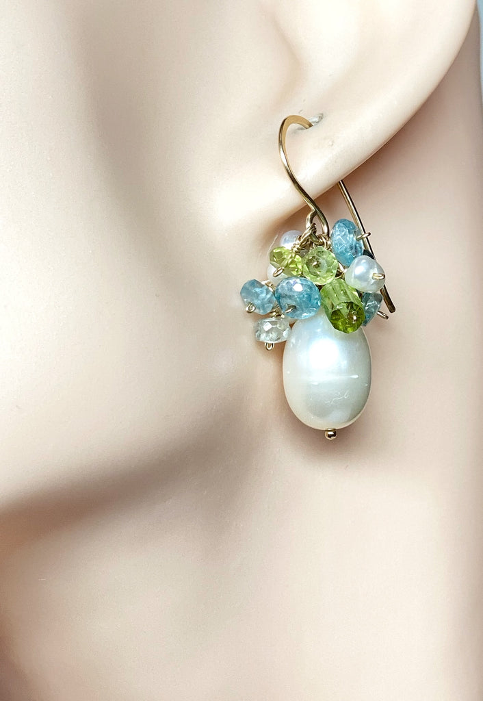 Pearl and Peridot, Blue Zircon Cluster Earrings Gold Fill