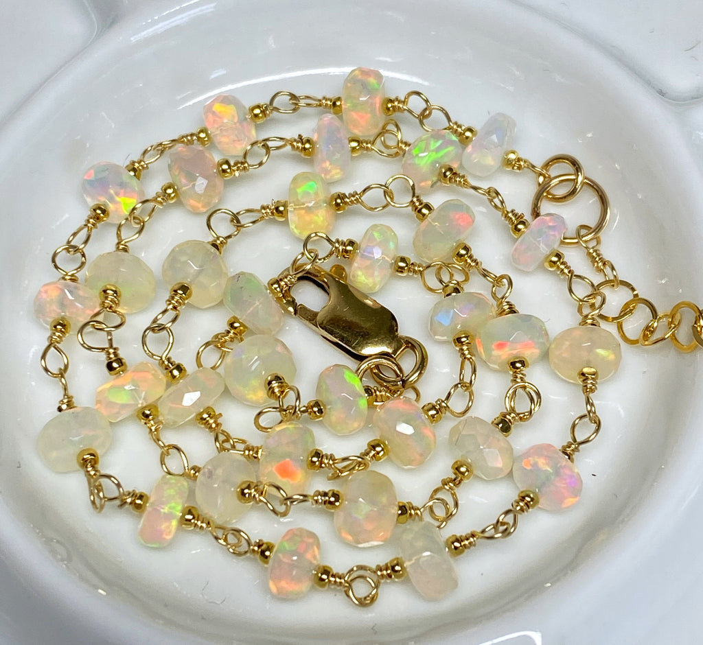 Ethiopian Opal AAAA Wire Wrap Rosary Chain Choker Necklace Gold Fill