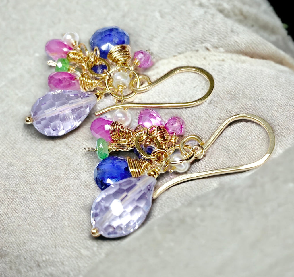 Multicolor Gemstone Dangle Earrings Pink Sapphire Gold Fill