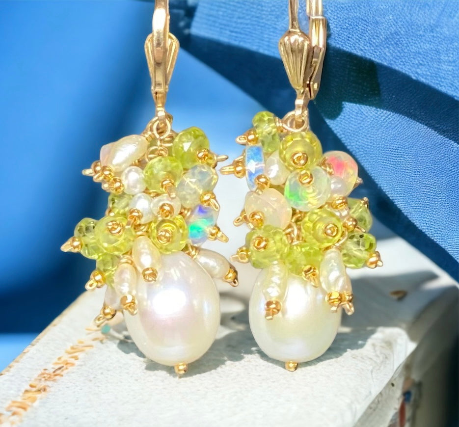 Peridot, Opal, Pearl Cluster Earrings Gold Fill