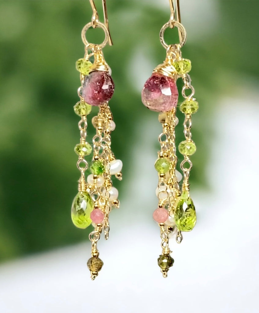 Gold fill boho dangle earrings with watermelon tourmaline briolettes, peridot, pearls boho style