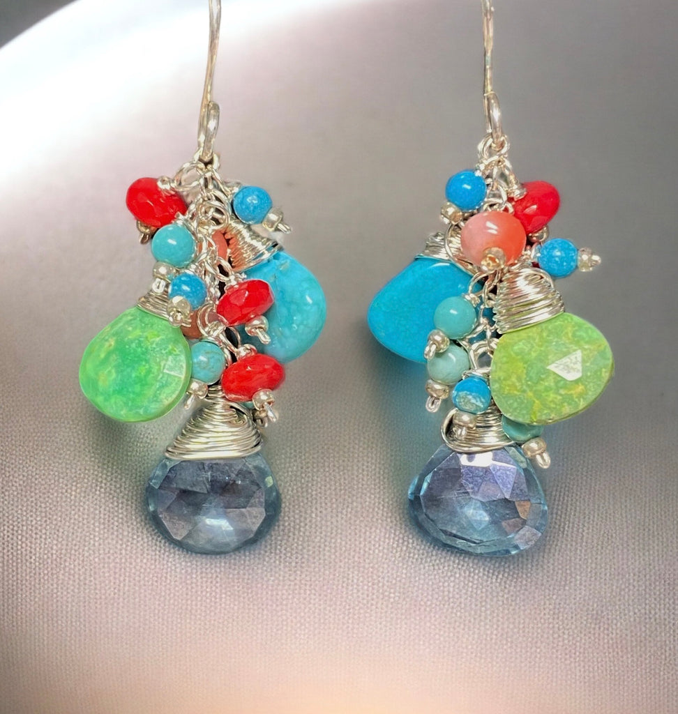 blue and green turquoise dangle earrings in sterling silver