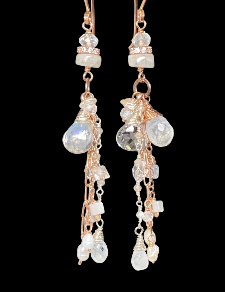 Rose Gold Long Boho White Topaz, Pearl & Moonstone Dangle Bridal Earrings