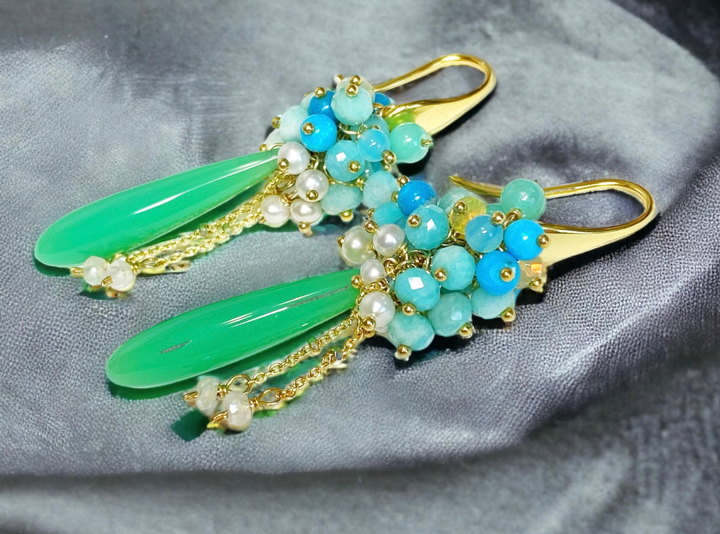 Green, Turquoise, Opal, Amazonite, Pearl Cluster Earrings Gold