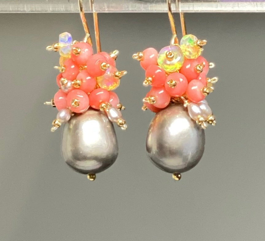 Pearl and Coral Cluster Earrings with Opals