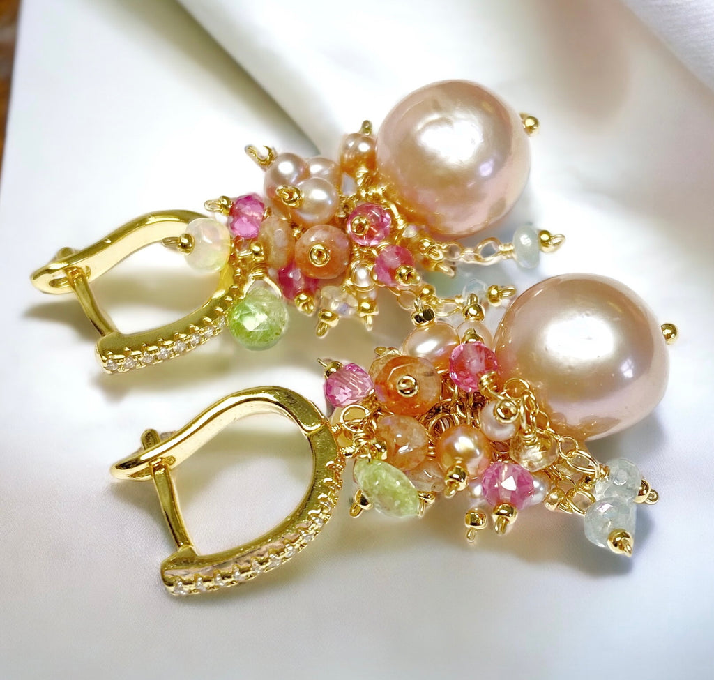 Pink Round Pearl and Gem Cluster Wedding Earrings with Tsavorite