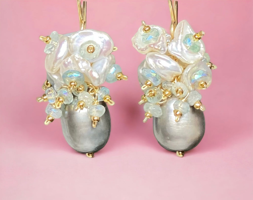 Silver Gray Pearl and Keishi Pearl Cluster Earrings with Aquamarine