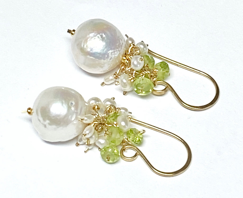 Peridot and Edison Pearl Cluster Earrings, Gold Fill, Rose Gold, Sterling Silver