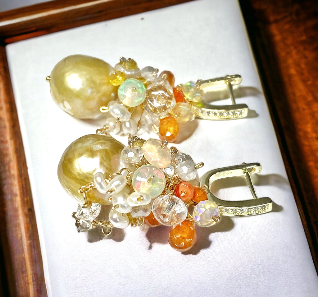 Pond-slime Baroque Pearl and Gemstone Cluster Earring