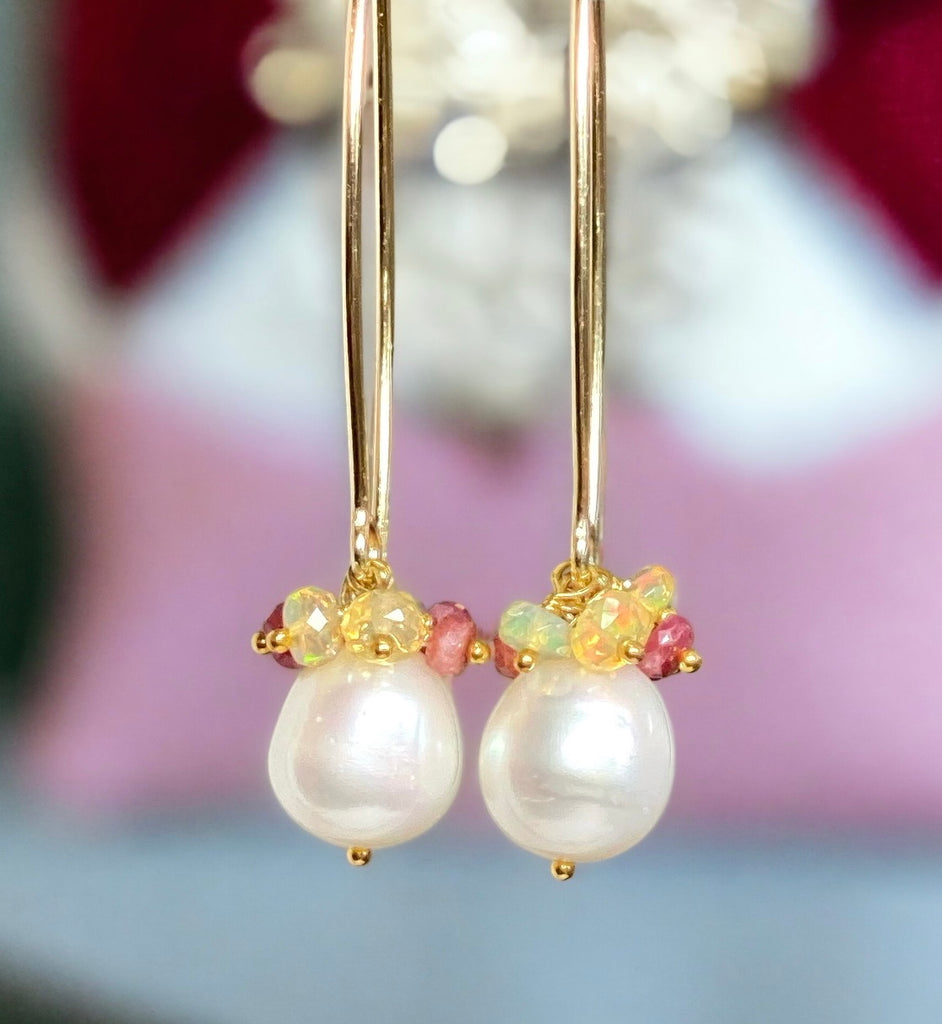 Ruby and Opal Cluster Long Pearl Earrings