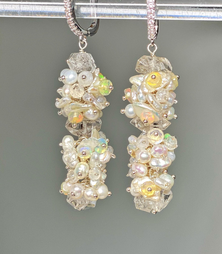 Herkimer Diamond Welo Ethiopian Opal Cluster Earrings Sterling Silver