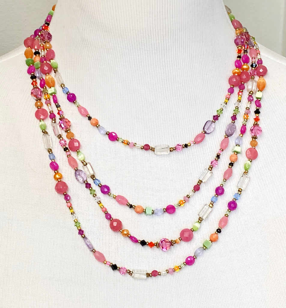 Summer Pink, Lavender Gemstone and Crystal Multi Strand Necklace