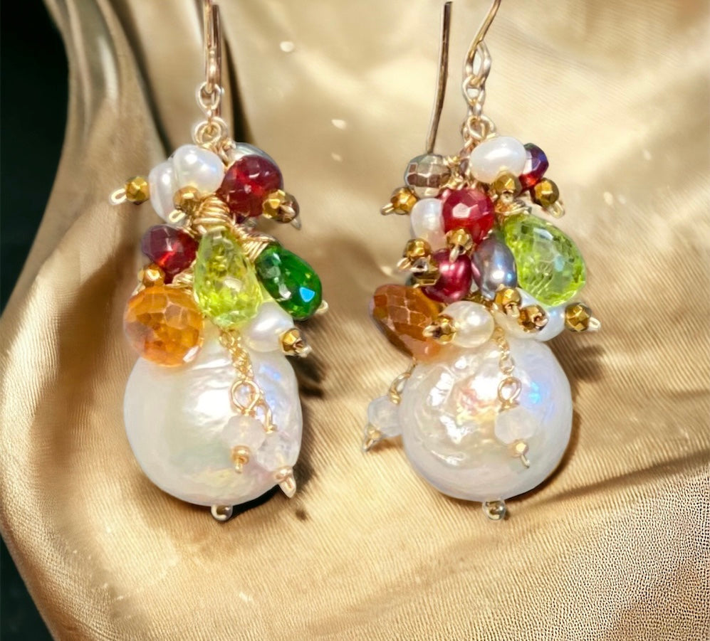 Wedding Guest earrings for Fall Weddings; Edison pearls and gemstone clusters