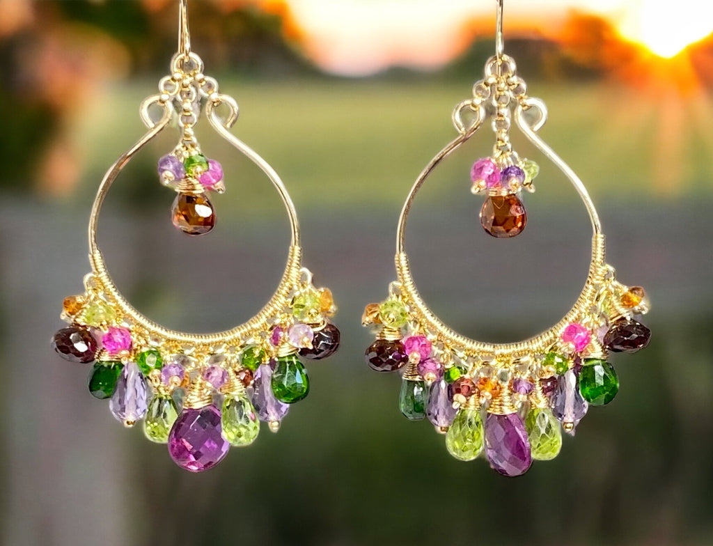 Statement Multi Gemstone Chandelier Hoop Earrings - Violet, Green, Pink