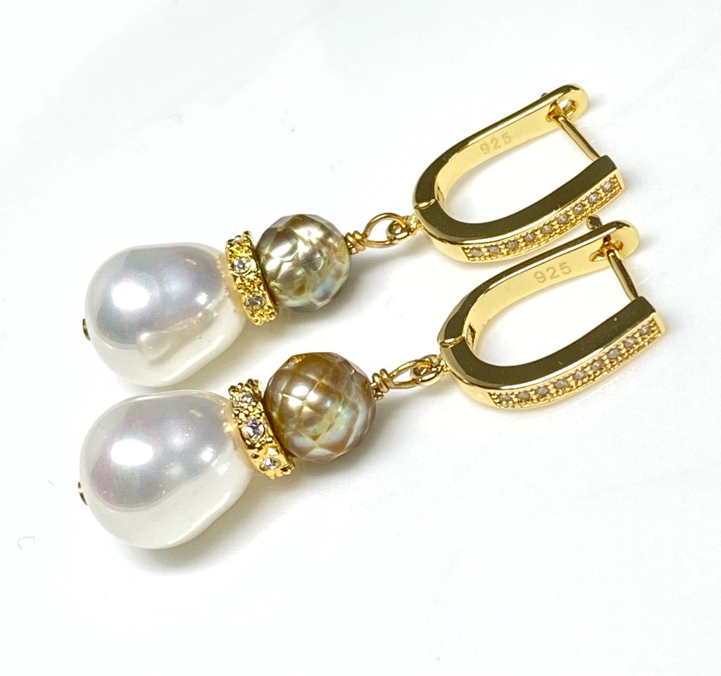 Gold Laser Faceted Pearl Earrings