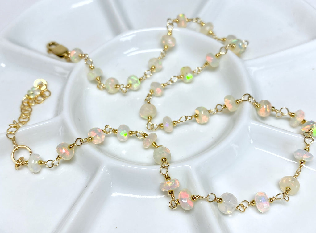 Ethiopian Opal AAAA Wire Wrap Rosary Chain Choker Necklace Gold Fill