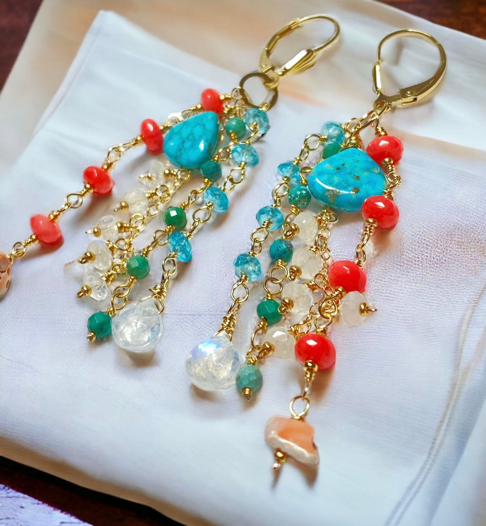 gold filled wire wrapped handmade chains of turquoise, coral, moonstone gemstone