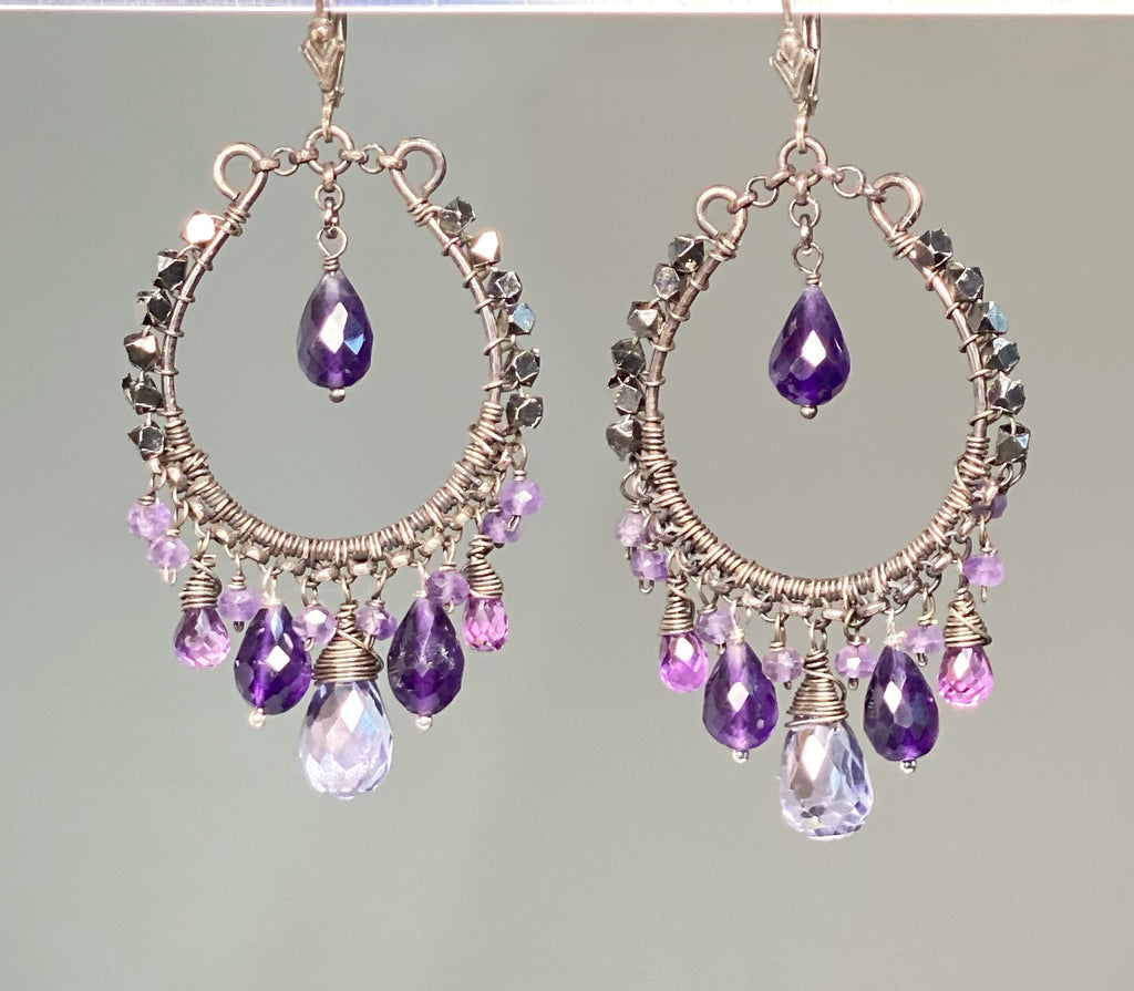Boho Hoop Earrings Oxidized Sterling Silver Blue Violet Gemstones