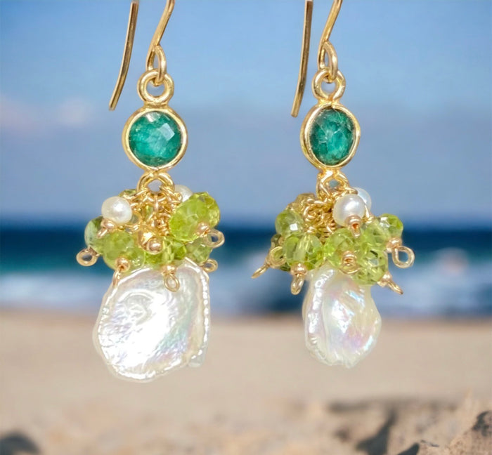 Emerald and Peridot Gemstone Cluster Keishi pearl earrings