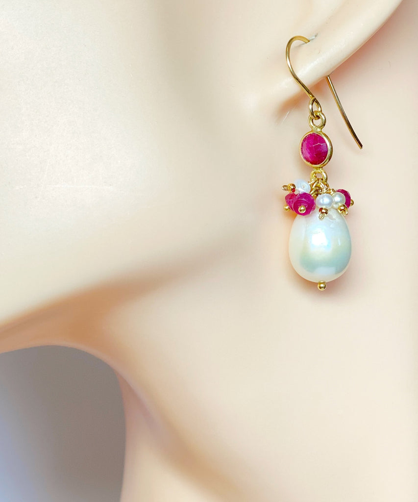 Pearl, Gemstone Cluster, Ruby and Dangle Earrings