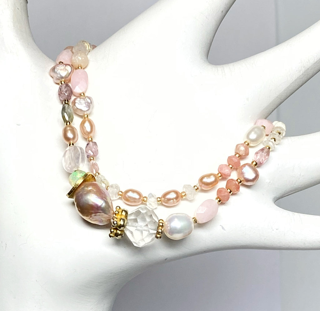 Pink Gemstone and Pearl Knotted Bracelet for Women