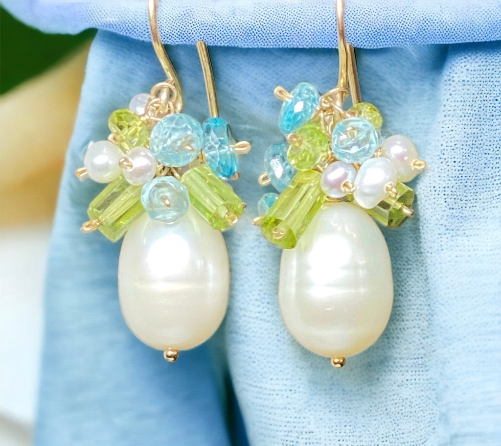 Pearl and Peridot, Blue Zircon Cluster Earrings Gold Fill