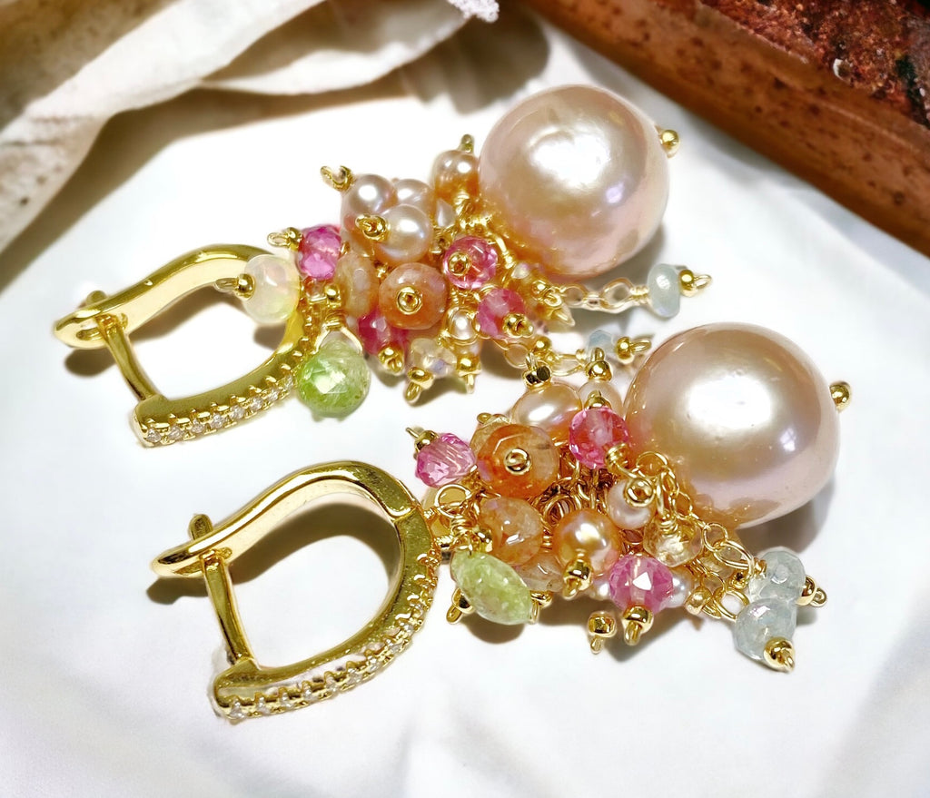 Pink Round Pearl and Gem Cluster Wedding Earrings with Tsavorite