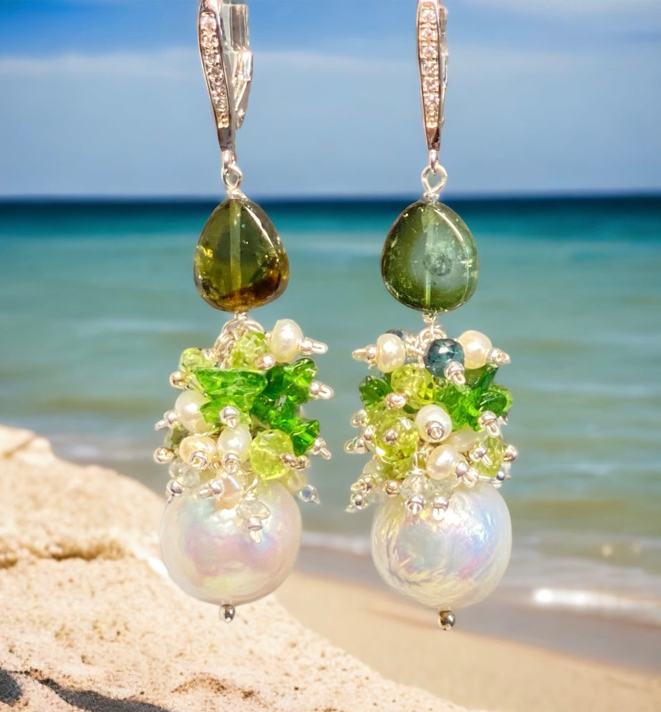 Green tourmaline, peridot, chrome diopside, pearl clusters over lustrous baroque Edison pearls