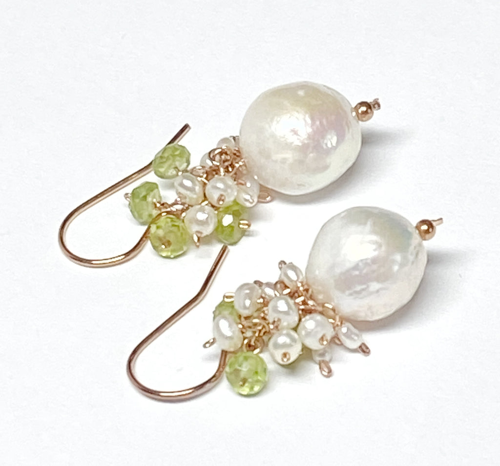 Peridot and Edison Pearl Cluster Earrings, Gold Fill, Rose Gold, Sterling Silver