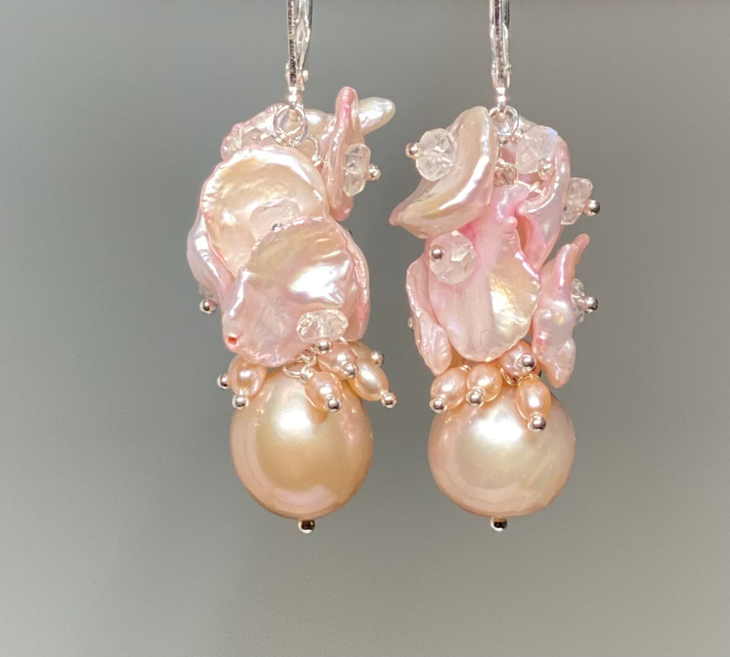 light pink keishi pearl cluster earrings in sterling silver