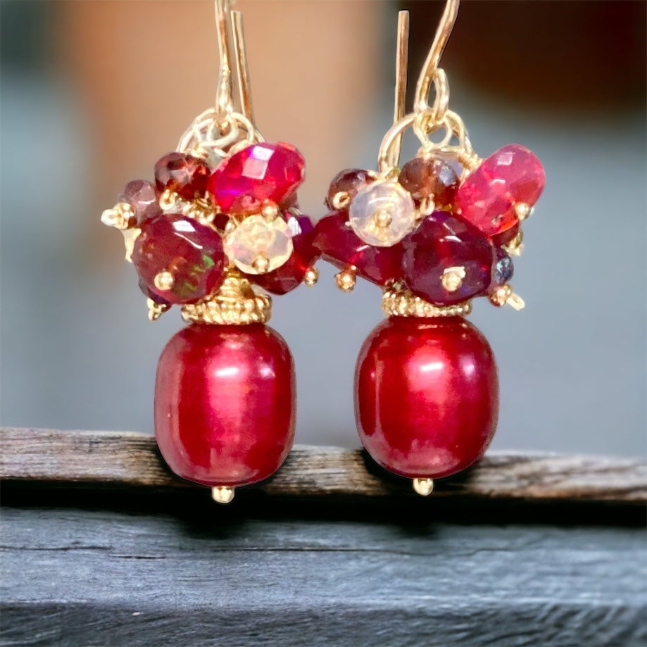 red pearl, opal, mystic garnet cluster earrings, gold