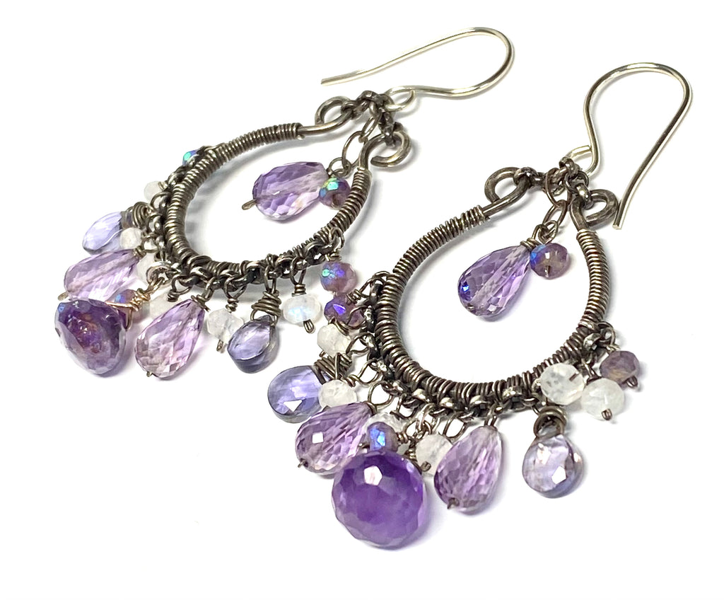 Blue Violet Oxidized Silver Hoop Chandelier Earrings Iolite, Lavender, Purple Amethyst
