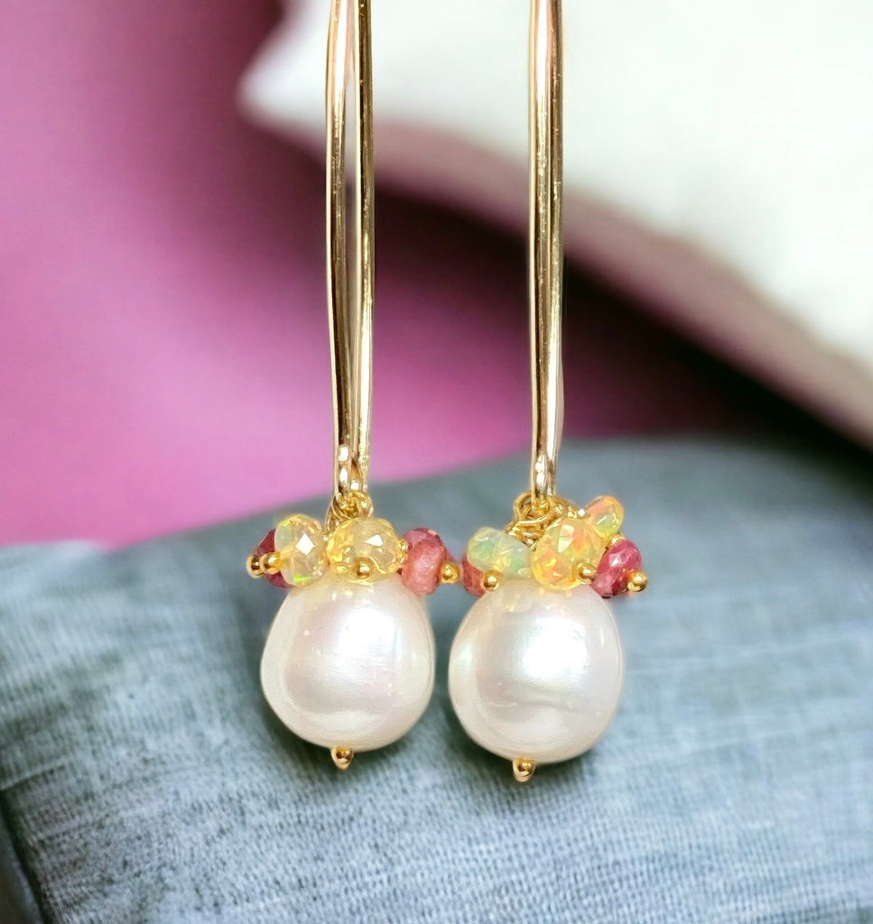 Ruby and Opal Cluster Long Pearl Earrings