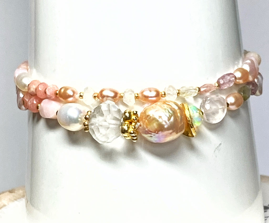 Pink Gemstone and Pearl Knotted Bracelet for Women