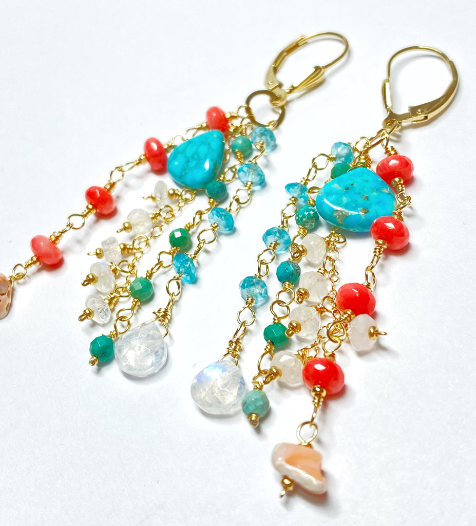 Kingman Turquoise, Coral, Moonstone Gemstone Dangle Earrings