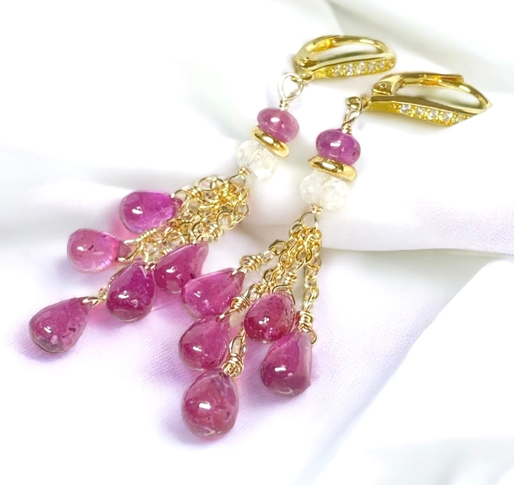 Pink Sapphire Tassel Earrings, Gold Fill
