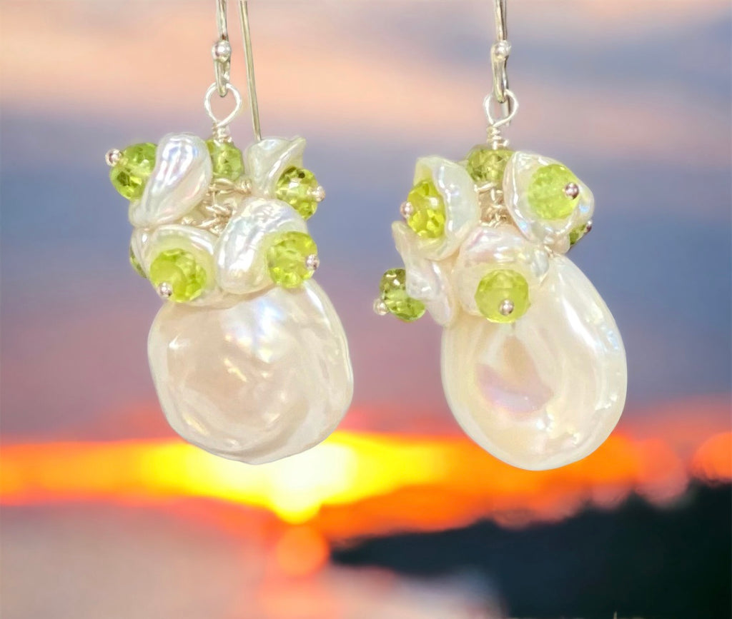 Keishi Pearl and Peridot Gemstone Cluster Earrings