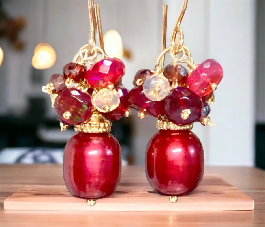 red pearl and gemstone earrings gold fill