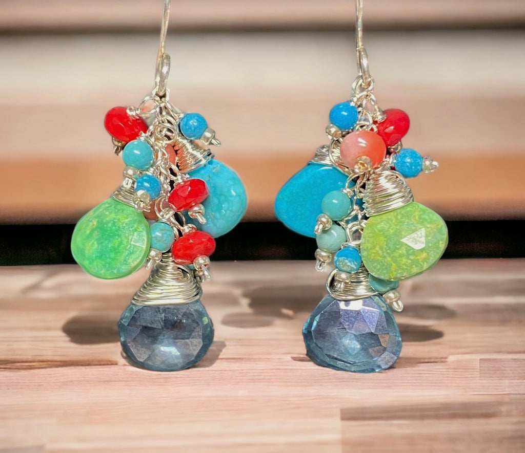 Blue and Green Turquoise, Coral Dangle Earrings Sterling Silver