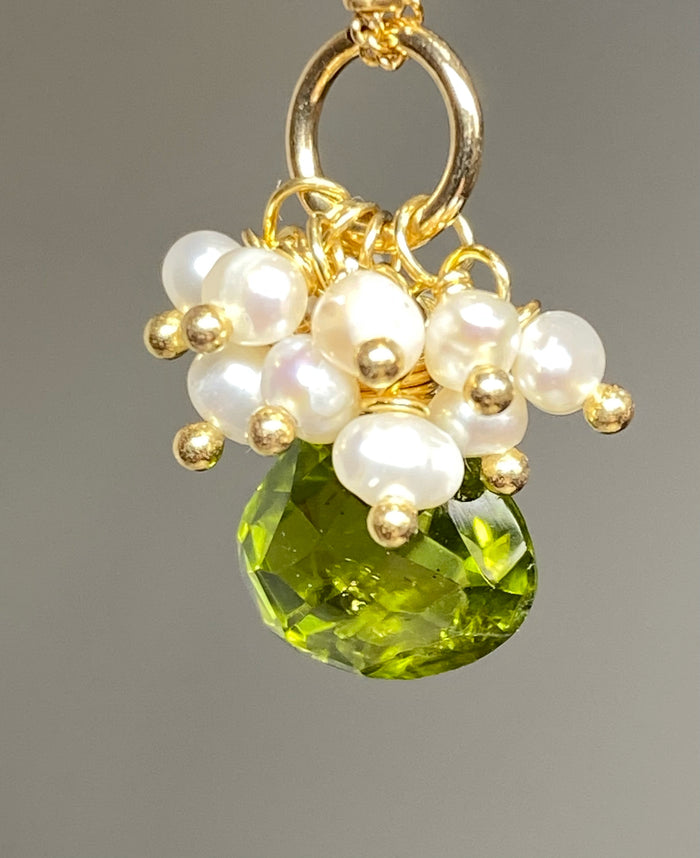 Peridot Gemstone Pendant Gold Fill with Pearl Clusters