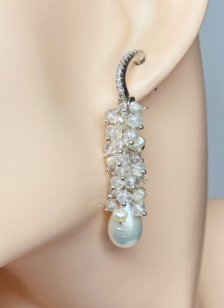 Long Mystic Quartz and Pearl Dangle Diamond Look Earrings - Doolittle
